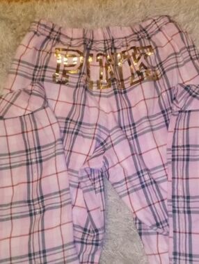 PINK Victoria's Secret Pink Plaid Love Shack Fancy Pajama Bottoms with Gold Logo